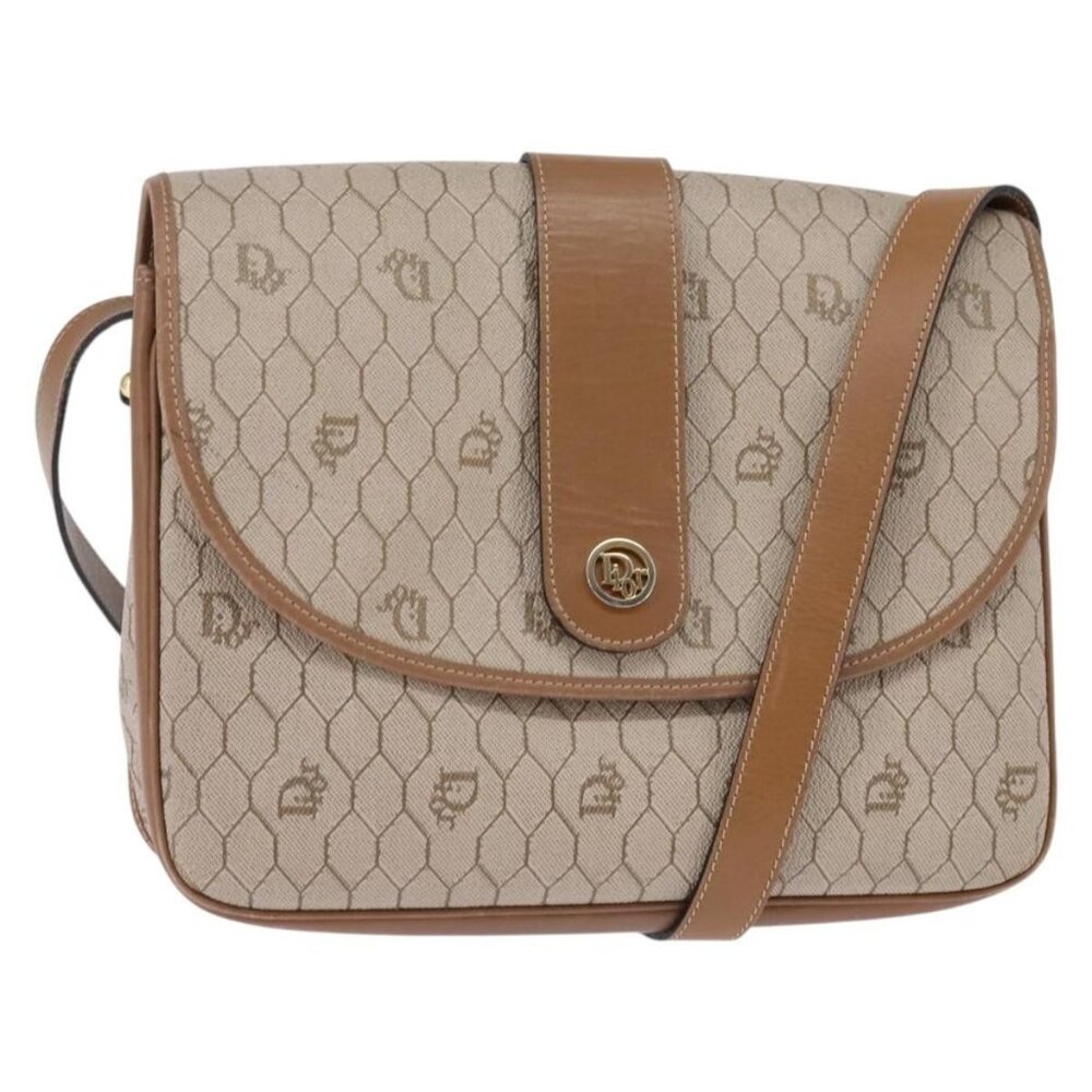 Authentic Christian Dior Honeycomb Canvas Shoulder Bag PVC Beige Gold